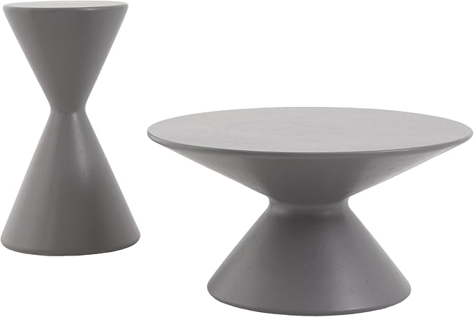 Christopher Knight Home Nowin Lightweight Concrete Outdoor Side Table Set of 2, Patio Round Coffee Table Set with Small Plant Stand, Hourglass-Shaped 2 Outdoor Table for Garden/Backyard, Gray
