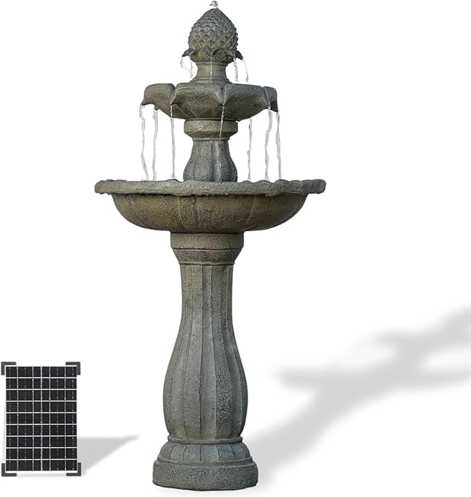 XBrand 44" Solar Powered 2-Tier Outdoor Water Fountain, Fiberglass Resin, with Solar Panel and Auto Shut-Off Pump, Brown