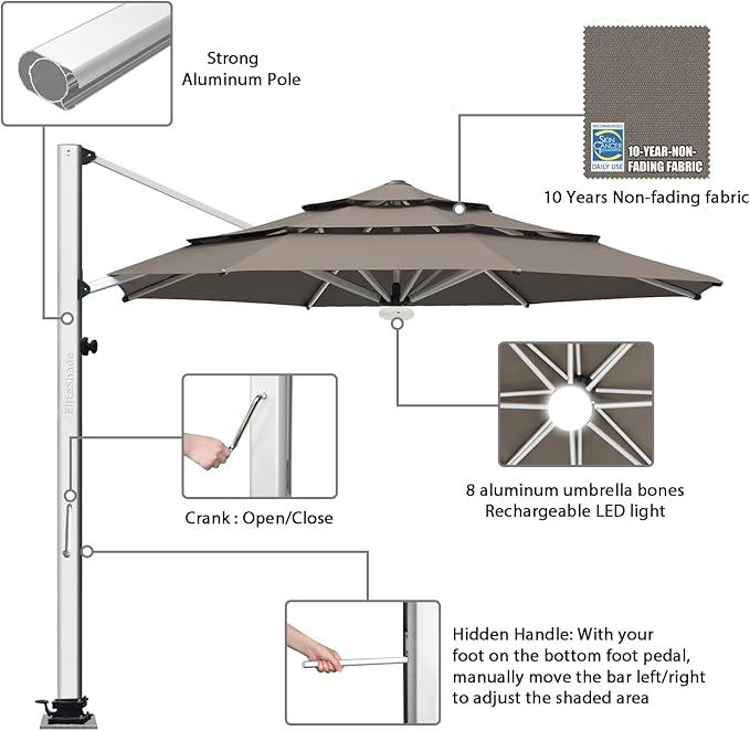 EliteShade USA APOLLO 3-Tier 11FT Full Aluminum Cantilever Patio Umbrella for Outdoor Restaurant Garden Courtyard Deck Pool and Marketing with Light (No battery), Taupe