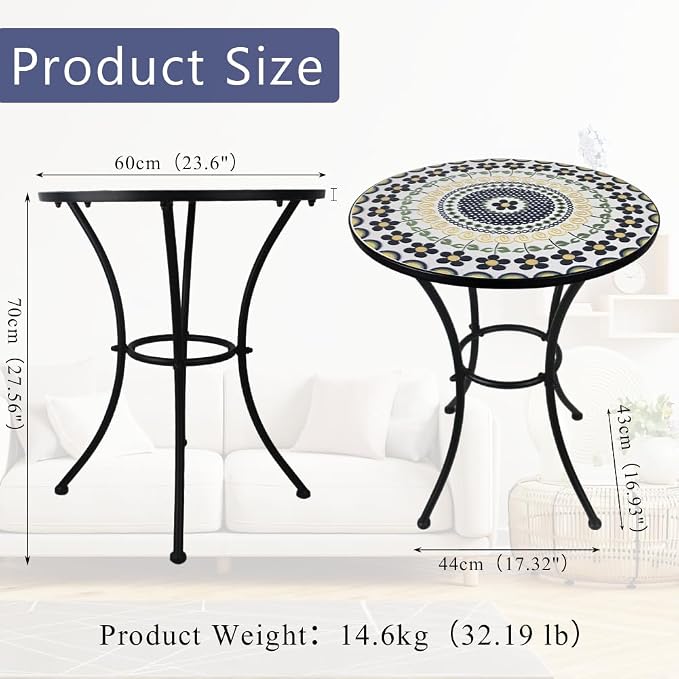 24 Inch Mosaic Patio Round Side Table with Ring Curved Legs Indoor and Outdoor Accent End Table for Yard, Garden, Living Room, Bistro, A - Black Floral