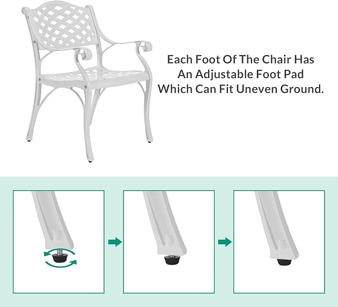 VIVIJASON 3-Piece Patio Furniture Dining Set, All-Weather Cast Aluminum Outdoor Bistro Set, Include 2 Dining Chairs and 31" Round Table w/ 2" Umbrella Hole for Balcony, Lawn, Garden, Backyard, White