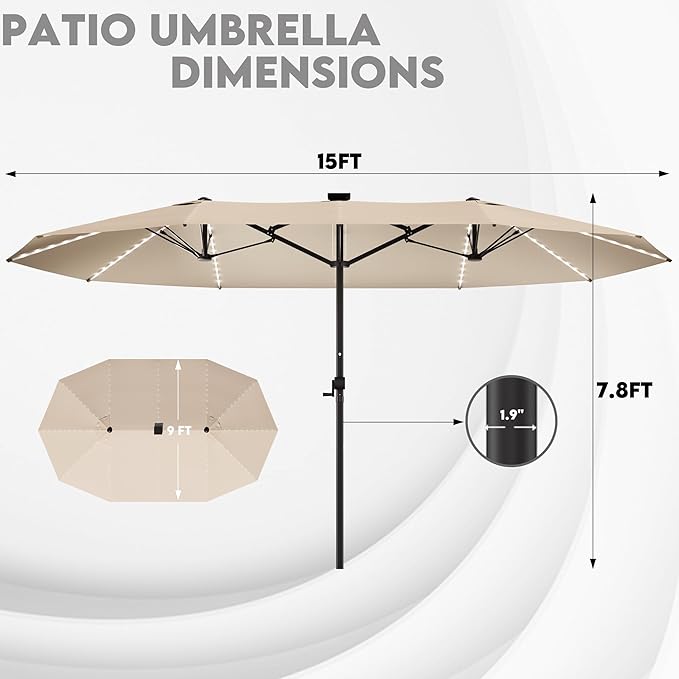 GDPFN 15ft Large Patio Umbrella with Solar Lights, Outdoor Double-Side Rectangular Umbrella, Backyard Pool Umbrella with LED Light for Deck, Outside, Market, Beige (Base Not Include)