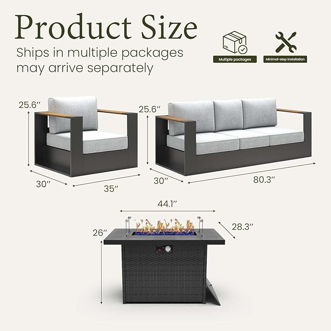 LayinSun 4 Pieces Aluminum Patio Furniture Set with Fire Pit Table, Oversized Outdoor Conversation Set 5 Seats with 6" Thick Cushions for Outside Porch, Balcony, Deck