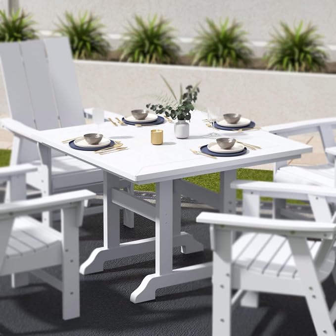 WestinTrends Malibu Outdoor Dining Table, All Weather Poly Lumber Adirondack 43" Trestle Square Patio Table with Umbrella Hole, White