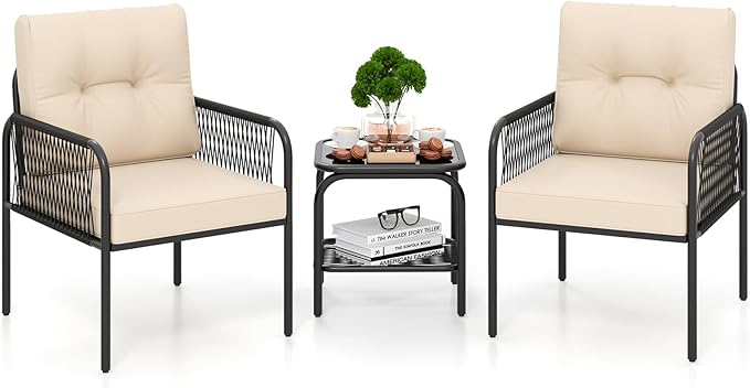 Tangkula 3 Pieces Patio Bistro Set, PE Rattan Furniture Set with Tempered Glass Table, Chairs, Back and Seat Cushions, Outdoor Wicker Conversation Set for Porch, Backyard, Garden and Poolside