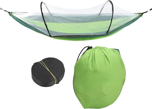 Single Person Hammock with Mosquito Net, Super Light, Removable, Quick Opening, Fruit Green and Dark Green - Tear Resistant Fabric, Portable Storage, Outdoor Relaxation (Fruit Green Mixed with Dark