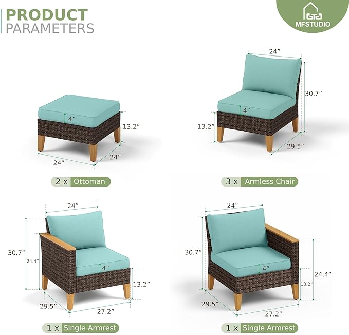 MFSTUDIO 7 Piece Extra Large Wicker Patio Furniture Set, 2 x Armless Chair, 2 x Ottoman, 3-Seat Sofa, All-Weather Outdoor Rattan Patio Conversation Set Patio Sectional Sofa(Aqua Blue Cushions)