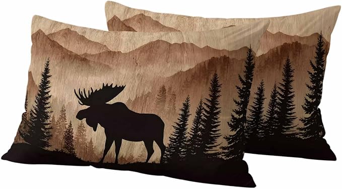 Moose Silhouette Outdoor Pillow Covers 20"x12" Set of 2, Nature Mountain Landscape Waterproof Throw Pillow Covers for Patio Furniture, Decorative Cushion Covers for Porch