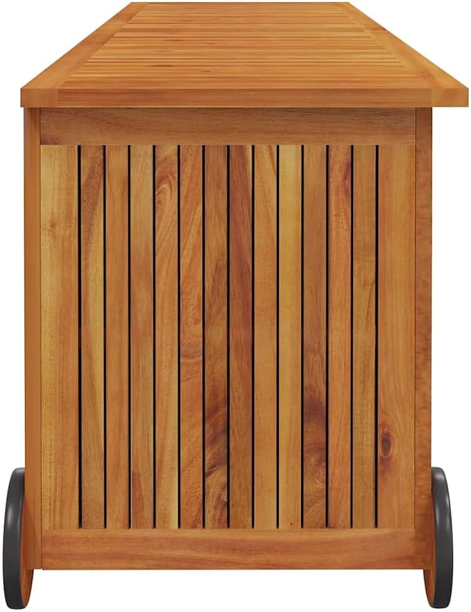 Garden Storage Box, 59 Inch Solid Acacia Wood Outdoor Deck Box for Patio Cushions and Garden Toys, Rolling Wood Storage Chest with Wheels for Garage and Backyard, Natural Brown