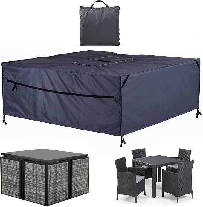 Patio Furniture Covers Waterproof - 420D Outdoor Table and Chair Set Cover with Built-in Storage Bag - Rectangular Patio Table Cover for 4-Seat Dining Set or Sectional Sofa - Darkgrey