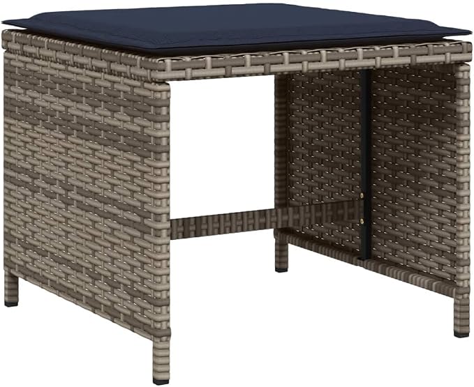 11 Piece Garden Dining Set with Cushions Grey Poly Rattan Outdoor Patio Furniture Table Chairs Stools Folding Backrest Design Acacia Wood Top Navy Blue