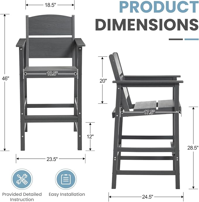HDPE Outdoor Bar Chairs Set of 2, 28.5" Seat Height Bar Height Patio Stools with Armrest & Back, Heavy Duty All Weather High Top Chairs for Porch/Poolside/Deck, 400lb Capacity, Grey