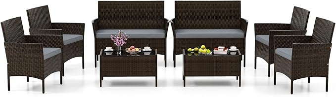 HAPPYGRILL 8 Pieces Outdoor Rattan Conversation Set, Patio Wicker Furniture Set with Loveseat Chairs & Tempered Glass Coffee Table, Outside Sectional Sofa Set for Backyard Garden Poolside
