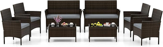 HAPPYGRILL 8 Pieces Outdoor Rattan Conversation Set, Patio Wicker Furniture Set with Loveseat Chairs & Tempered Glass Coffee Table, Outside Sectional Sofa Set for Backyard Garden Poolside