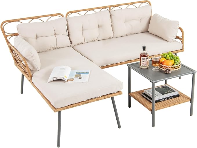 Tangkula 3 Pieces Corner Patio Furniture Set, PE Rattan L-Shaped Cushioned Sofa Set with Small Coffee Table, Outdoor Conversation Set for Garden, Backyard, Lawn, Porch (Off White)