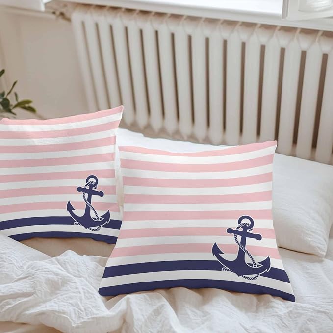Throw Pillow Covers 16x16 Inch Set of 2, Anchor Pink Waterproof Outdoor Cushion Covers, Modern Navy Blue White Striped Nautical Decorative Pillowcases for Couch, Sofa, Bed, Garden, Patio