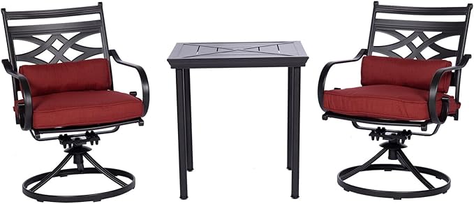 Hanover Montclair 3-Piece Patio Conversation Set, 2 Swivel Rocker Chairs with Comfortable Seat and Lumbar Cushions, 27" Square Stamped Rectangle Table, All-Weather Outdoor Bistro Set
