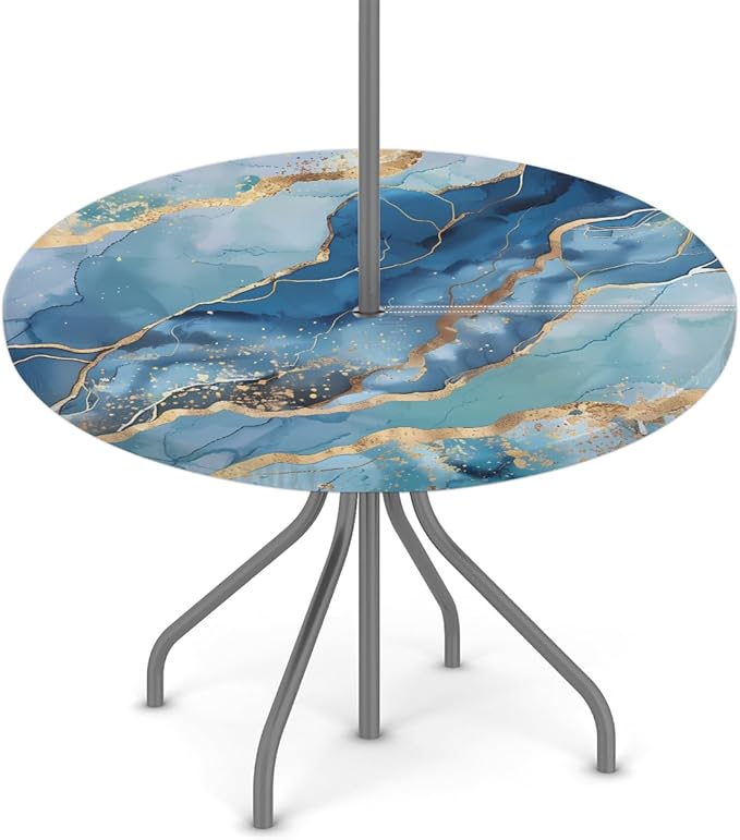 OSAM SPACE Outdoor Tablecloth with Umbrella Hole, Round Elastic Fitted Table Cloth with Invisible Zipper,Abstract Liquid Teal Blue Marble Picnic Patio Table Cover 45-56in