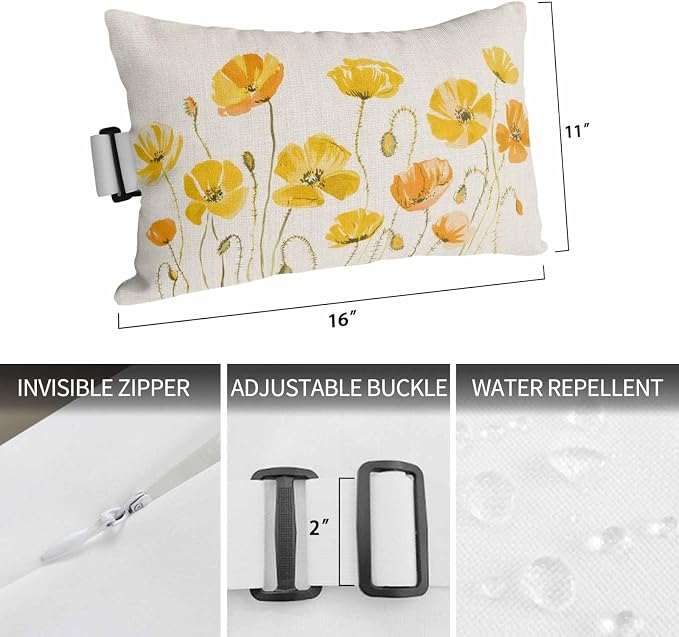 1PCS Outdoor Pillow for Chaise Lounge Chair Spring Yellow Floral Petal Trunk Waterproof Headrest Cushion with Insert Watercolor Flower Retro Linen Adjustable Lumbar Pillow for Beach Patio Pool Office