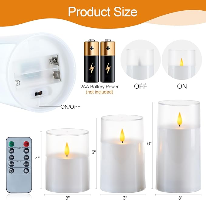 Homemory 3"×4" 5" 6" Battery Candles with Remote & Timer, White Acrylic Realistic Flickering LED Pillar Candles, Waterproof Fake Candle for Home and Lantern Decor, Set of 3