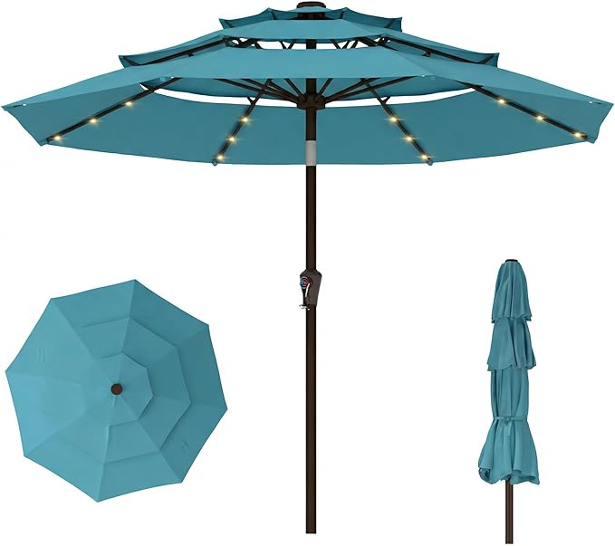 10ft 3-Tier Patio Umbrella with 32 Solar Powered LED Lights, Windproof Outdoor Market Umbrella for Deck, Poolside & Garden, Sturdy Push-Button Tilt Table Umbrella, Sky Blue