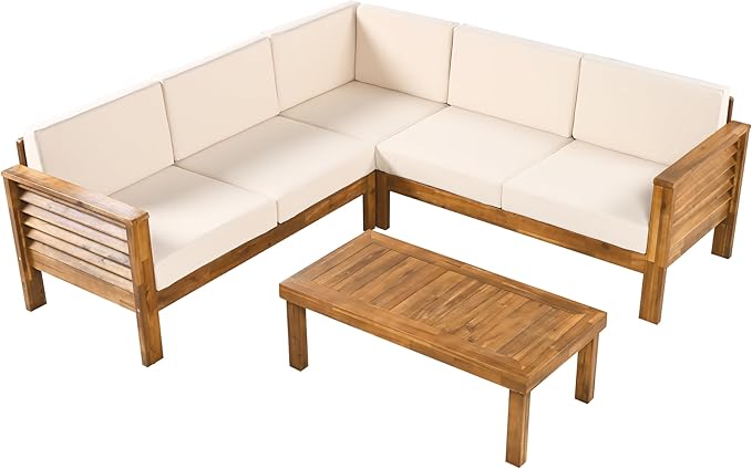 Christopher Knight Home Havets 81.25" Sectional L Shaped Sofa, 4 Pieces Acacia Wood Patio Furniture Set, Slat Coffee Table, Spacious Seat and Table Set for Backyard Garden Balcony, Teak+Beige