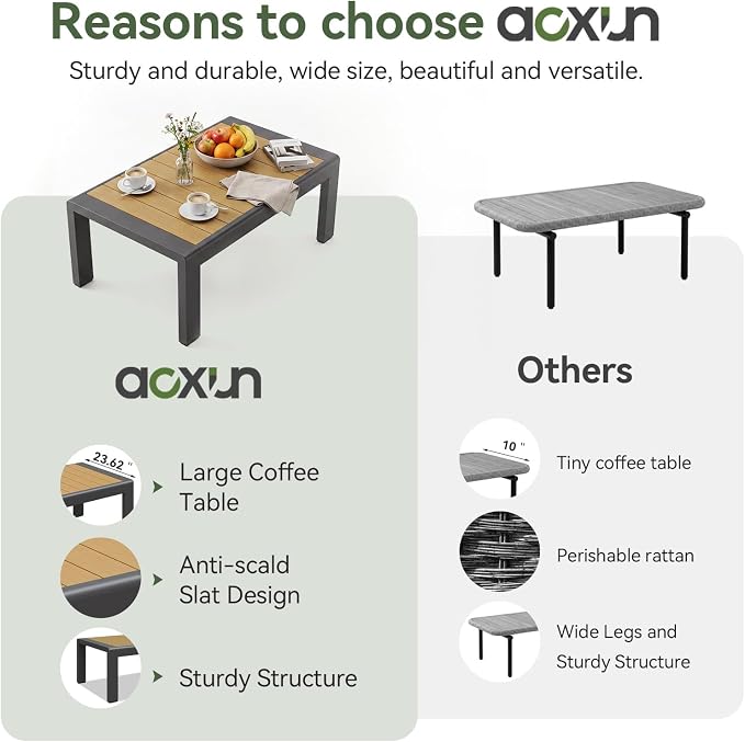 Aoxun Aluminum Patio Coffee Table, All-Weather Outdoor Metal Coffee Table with Stylish Tabletop for Balcony, Garden, Dark Grey