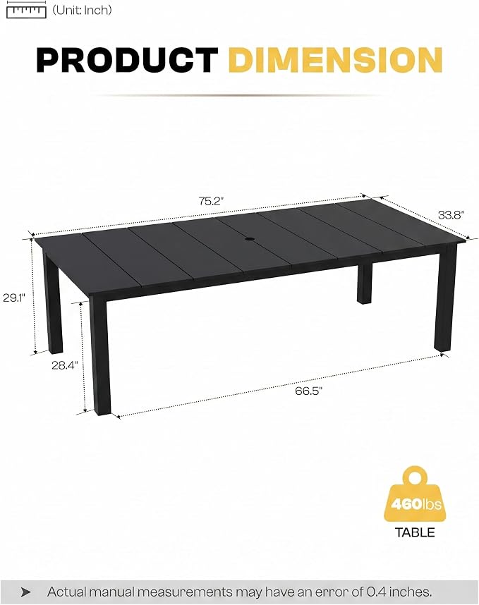 75.2" Outdoor Dining Table for 4-6 People, Patio Dining Outdoor Table with Umbrella Hole, All Weather Patio Table for Backyard, Deck and Garden, Black