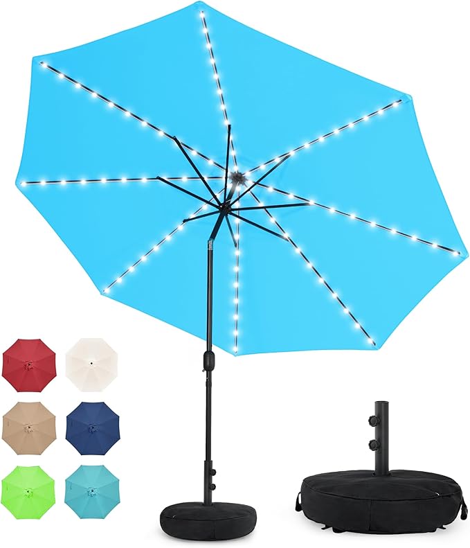 Sundale Outdoor Solar 88 LED 10 ft Patio Umbrella with Sand Bag Umbrella Base, Outdoor Umbrella with Tilt and Crank, Sky Blue