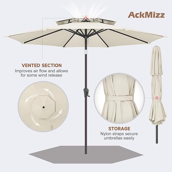9ft Outdoor Patio Umbrella - 2-Tier Table Umbrella Waterproof UV Protection, Sombrillas de Patio with Push Button Tilt, Sun Umbrella for Pool, Porch, Garden, Backyard (Ivory)