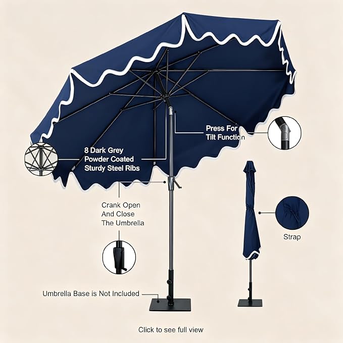Tempera 9FT Scalloped Tassel Patio Umbrella, Outdoor Market Umbrellas with 8 Sturdy Ribs with Crank & Pust Button Tilt,Fade Resistant Canopy