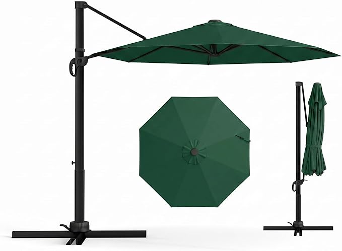 11 FT Round Cantilever Umbrella,Easy Tilt, Fade Resistant & 360° Rotation, Offset for Pool Deck Backyard Patiodark green (Base not Included)
