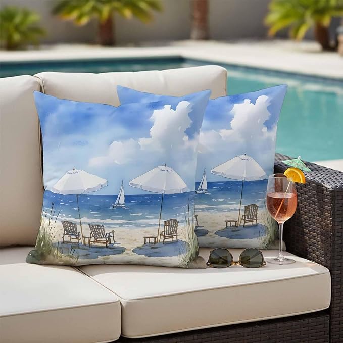 Watercolor Summer Beach Outdoor Waterproof Throw Pillow Covers Set of 2, 24"x24", Sun Umbrella Beach Chair Decorative Pillow Covers Outside Cushion Case for Patio Porch Garden