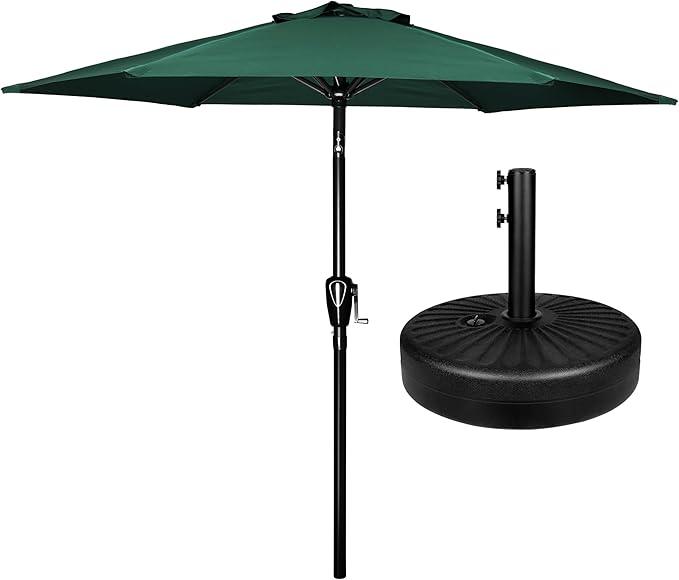 Simple Deluxe 7.5' Patio Umbrella with 20 Inch 50lbs Capacity Fillable Round Base, 6 Sturdy Ribs with Push Button Tilt/Crank for Garden, Deck, Backyard, Pool, Green and Black