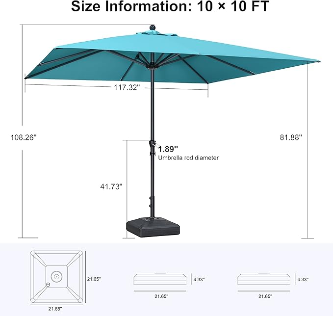 PURPLE LEAF 10' x 10' Square Patio Market Umbrella with Base Outdoor Table Umbrellas Aluminum Frame Sun Shade with 8 Sturdy Ribs for Garden Deck Lawn Pool Turquoise Blue