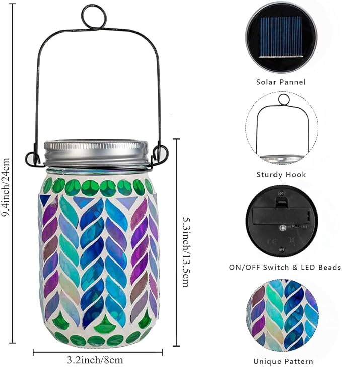 Stargarden 2 Pack Mosaic Solar Lantern ,Waterproof Outdoor Hanging Jar Lights, Mosaic Lights Solar Garden Decor for Patio Pathway Yard