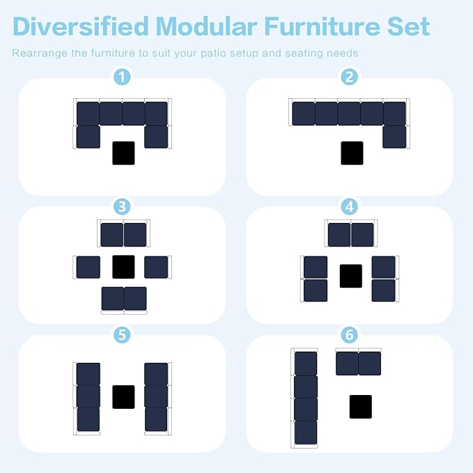 7-Piece Modular Outdoor Sectional Wicker Patio Conversation Set with Glass-Top Coffee Table, All-Weather Rattan and Cushion Fabric – Gray/Navy