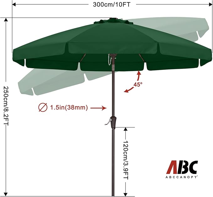 ABCCANOPY 10ft Scalloped Patio Umbrella, Outdoor Table Umbrella with Tilt and Crank, Fiberglass Ribs Deck Umbrella for Patio, Pool, Garden, Picnic (Green)