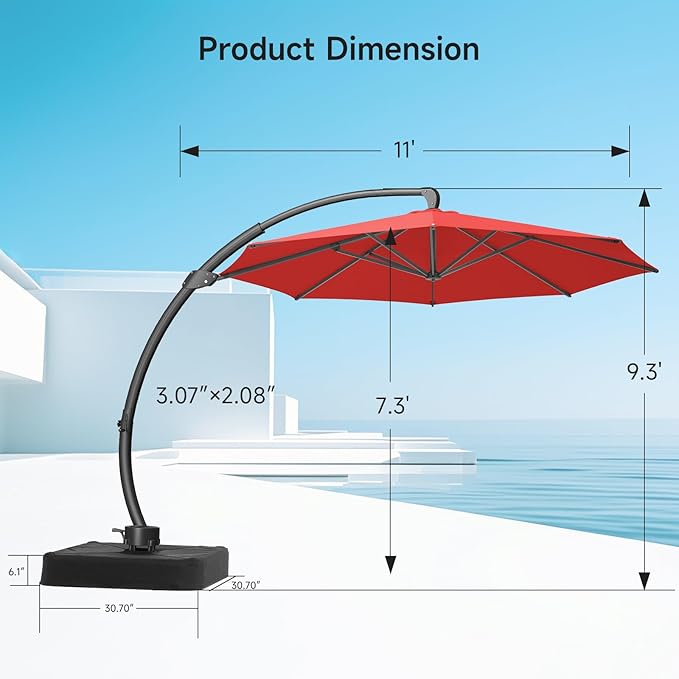 11 FT Outdoor Patio Umbrella with Base, Aluminium Curved Cantilever Umbrella, Large Round Hanging Offset Umbrella with Unlimited Position Adjustment and 360°Rotation for Market Garden Pool, Red