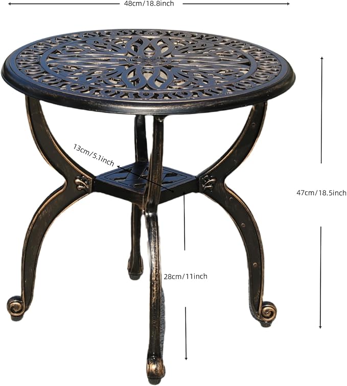 KAILI Outdoor Cast Aluminum Side Table Patio Side Table Backyard, Pool, Indoor, Easy Maintenance and Weather Resistant Coffee Table Porch Table Bistro Table (18.5round-Bronzed)