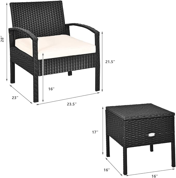 HAPPYGRILL 3 Pieces Patio Furniture Set Rattan Wicker Sofa Set with Removable Cushions and Coffee Table, Outdoor Conversation Bistro Chairs Set with Storage Table for Garden Poolside Balcony