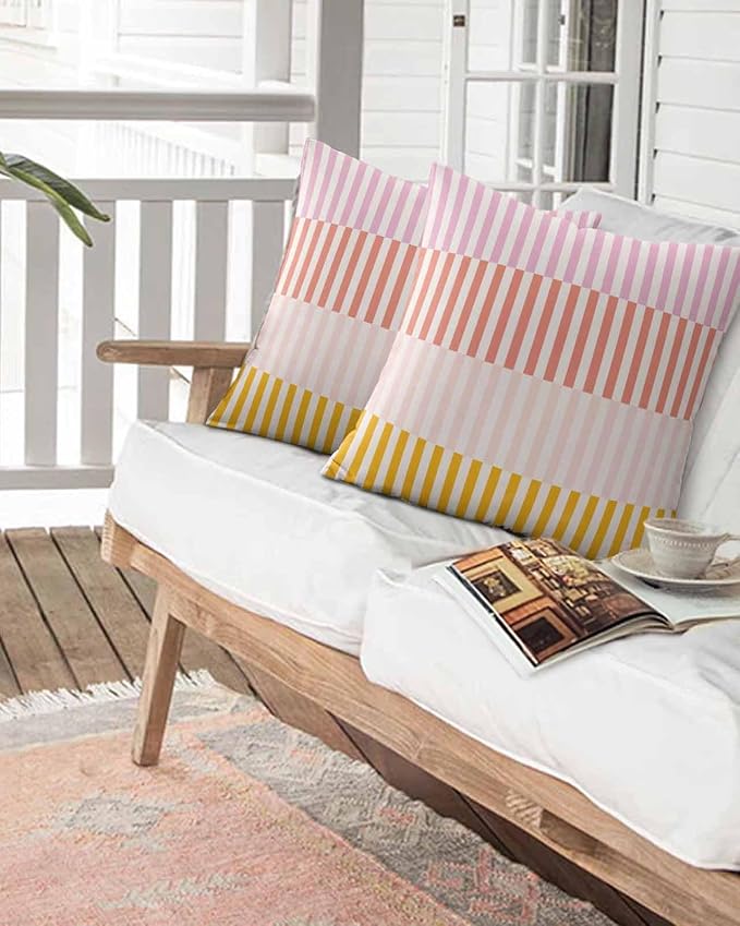Outdoor Waterproof Throw Pillows Classic Pink Red Orange Pinstripes Patio Pillows Pack of 2,Decorative Pillow Covers with Insert,Pillow Cushion Case for Garden Couch Sofa Modern Abstract Art