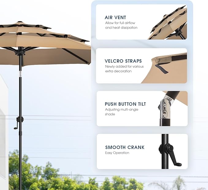 wikiwiki 9ft 3-Tier Patio Umbrella Outdoor Table Market Umbrella for Patio with Push Button Tilt/Crank, Fade Resistant Waterproof POLYESTER Canopy for Garden, Lawn, Deck, Backyard & Pool, Tan