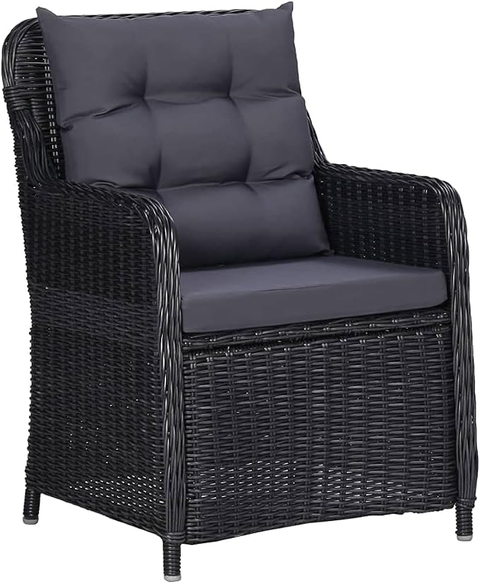5-Piece Outdoor Dining Set Black Solid Acacia Wood Rectangular Table 59"x35" PE Rattan Chairs with Cushions for Patio Garden Balcony Backyard Seating 4