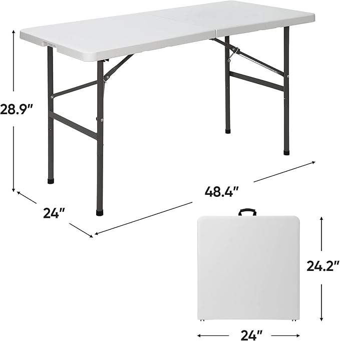 4 FT Folding Table, Fold in Half, Heavy Duty Portable Plastic Table w/Handle for Picnic Party Camping Dining Indoor Outdoor, Lightweight White