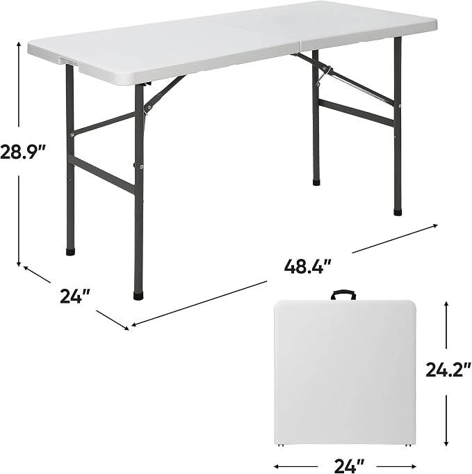 JupiterForce 4ft Folding Table, Indoor Outdoor Portable Plastic Picnic Table, Heavy Duty Rectangular Party Camping Dining Table with Carrying Handle, White