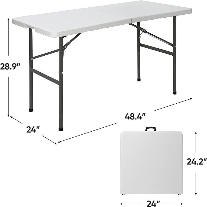 ZenStyle 4 ft Indoor Outdoor Heavy Duty Plastic Folding Table Portable Picnic Table Fold-in-Half Utility Table w/Handle and Steel Legs for Camping, Dining, Party, White