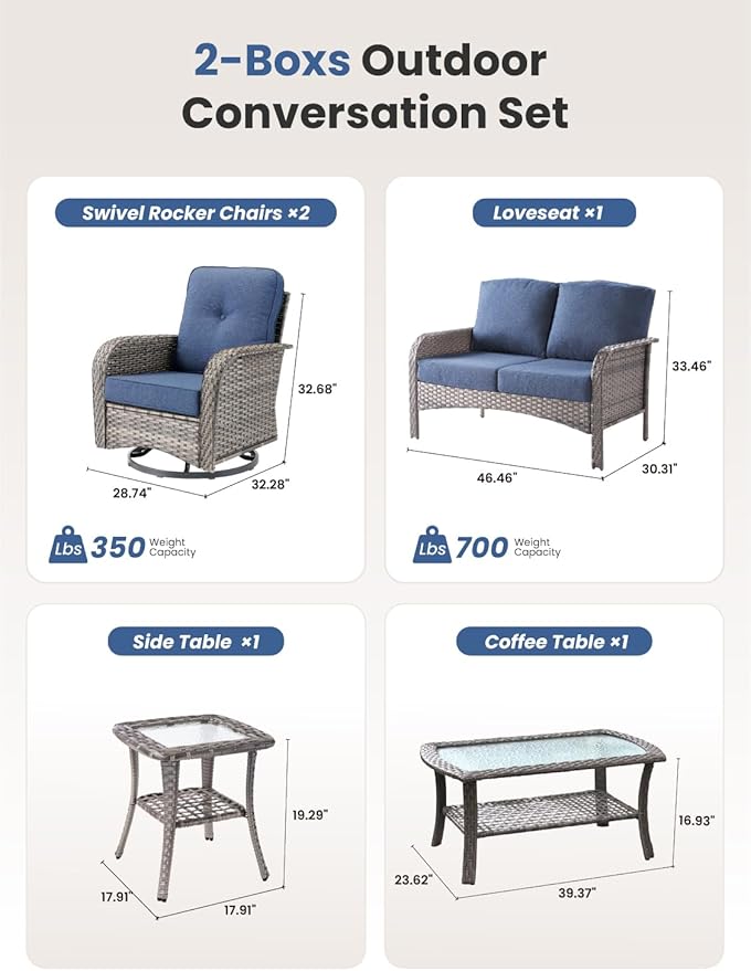 5-Piece Outdoor Patio Furniture Set with Swivel Chairs, Outdoor Conversation Wicker Sofa with Coffee Table, Rattan Couch for Deck Yard Poolside, Blue