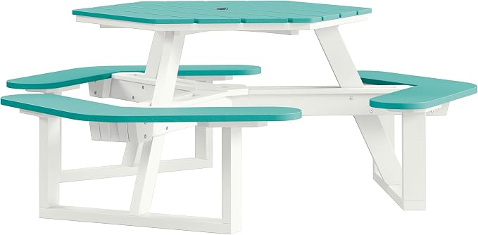 Shoreline Made in USA Hexagon Picnic Table, Seating for 6, White with Seaglass Blue