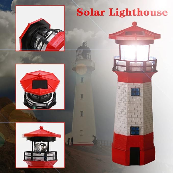 LED Solar Powered Lighthouse, Indoor Outdoor Lighthouse with Rotating Beacon LED Lights, Courtyard Waterproof Landscape Lights for Garden Patio Landscape Outside Yard Gifts red